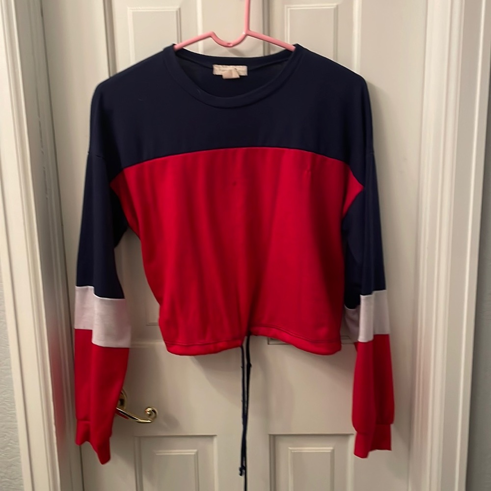 Red blue and white blouse